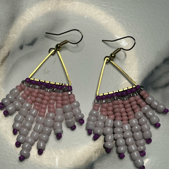 kkcollectionsss Jewelry - Pink, White & Purple Triangle Fringe Earrings (Gold Frame)